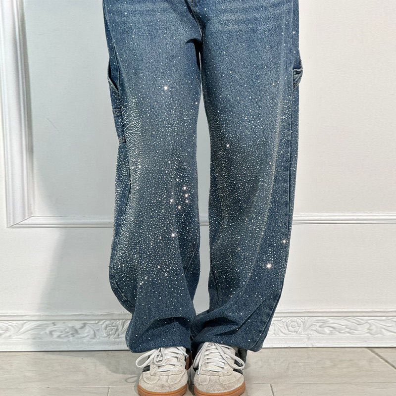 Rhinestone Baggy Jeans Women – Wide Leg Dragging Denim