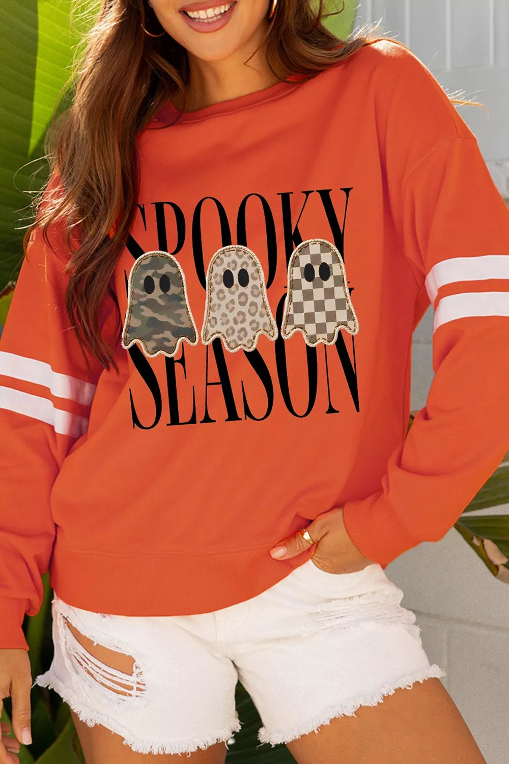Spooky Season Ghost Striped Sleeve Sweatshirt | Hallebeauty