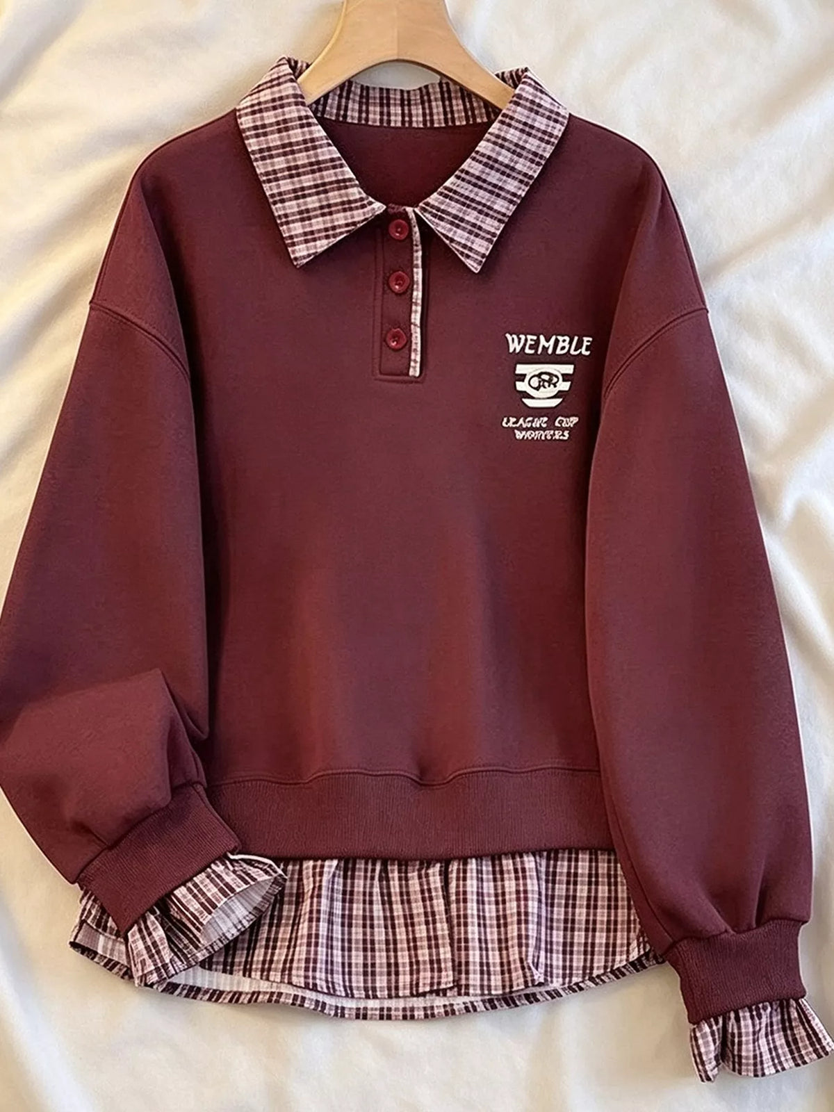 Plaid Collared Faux-Layered Hem Sweatshirt