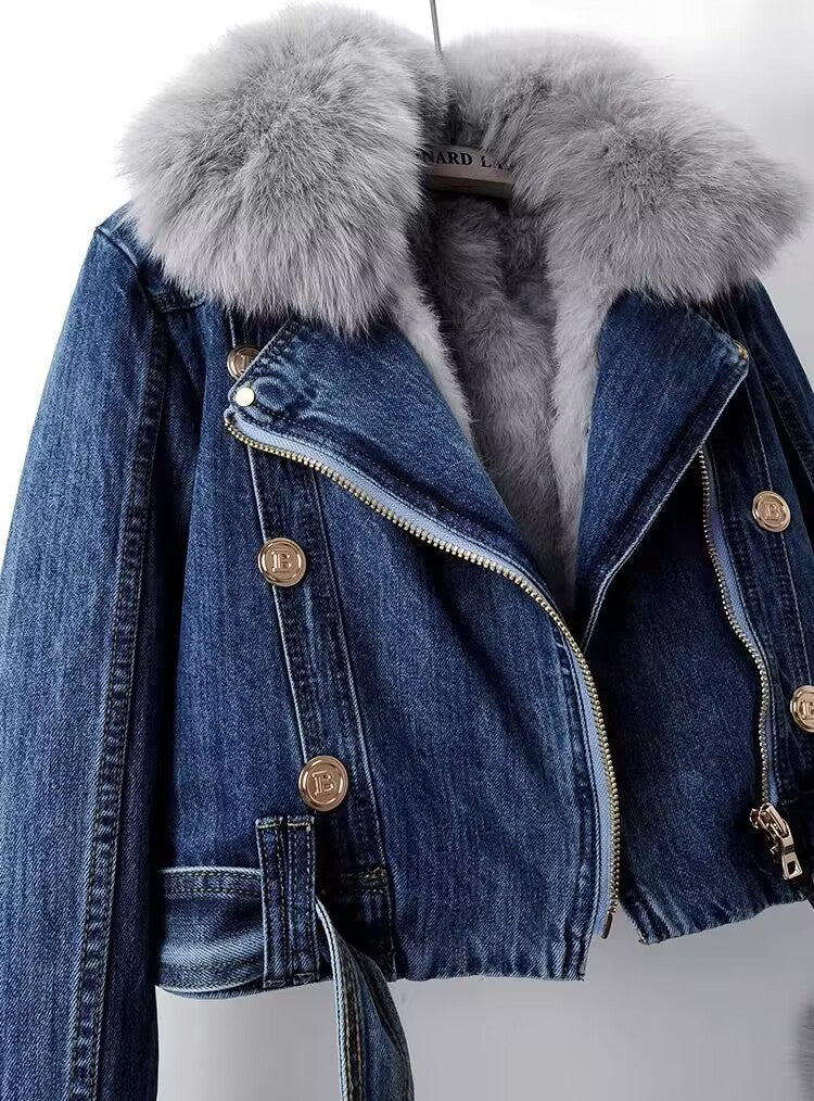 Denim Coat with Detachable Fur Liner | Fox & Rabbit Fur