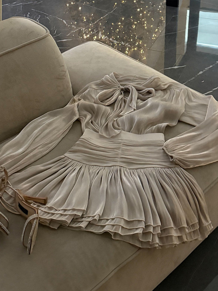 Elegant Bow Tie Mini Dress Set - Chic Feminine Style