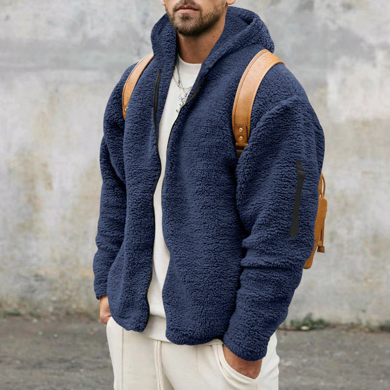 Men’s Plush Hooded Fleece Jacket - Double-Sided Wear Warm Casual Coat