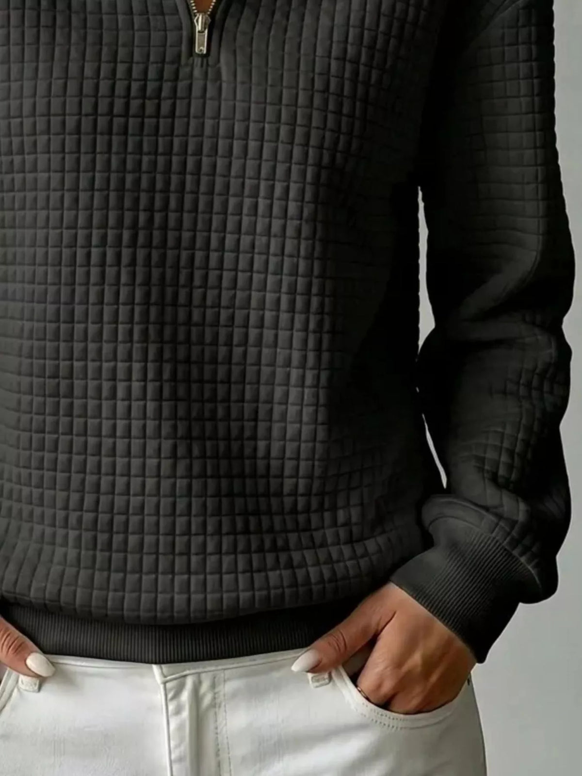 Waffle Knit Quarter-Zip Sweatshirt | Hallebeauty