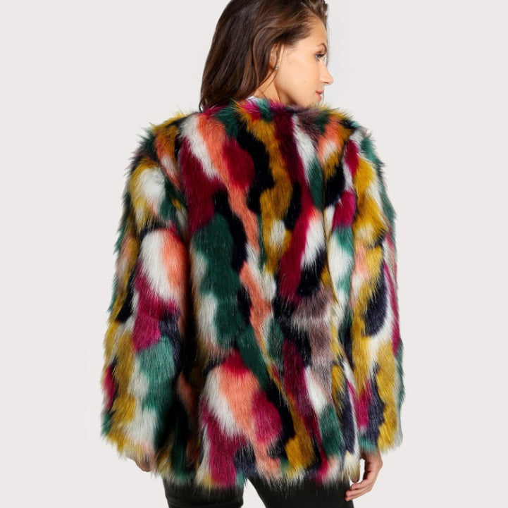 Colorful Faux Fur Coat - Long Sleeve, Elegant & Collarless