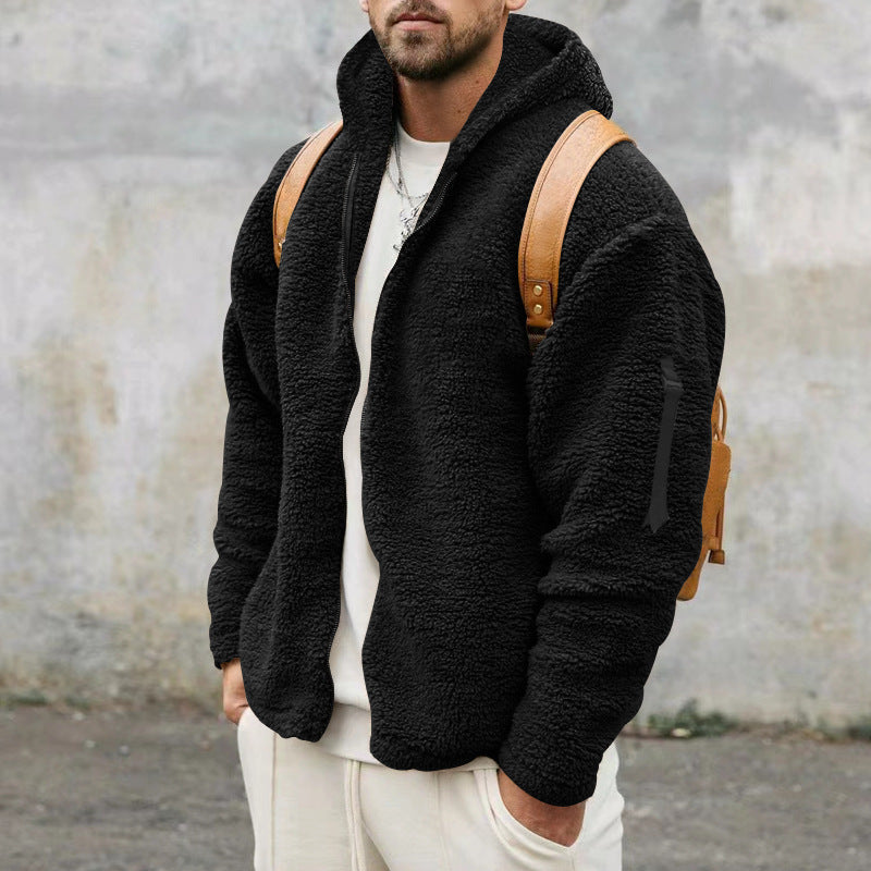 Men’s Plush Hooded Fleece Jacket - Double-Sided Wear Warm Casual Coat