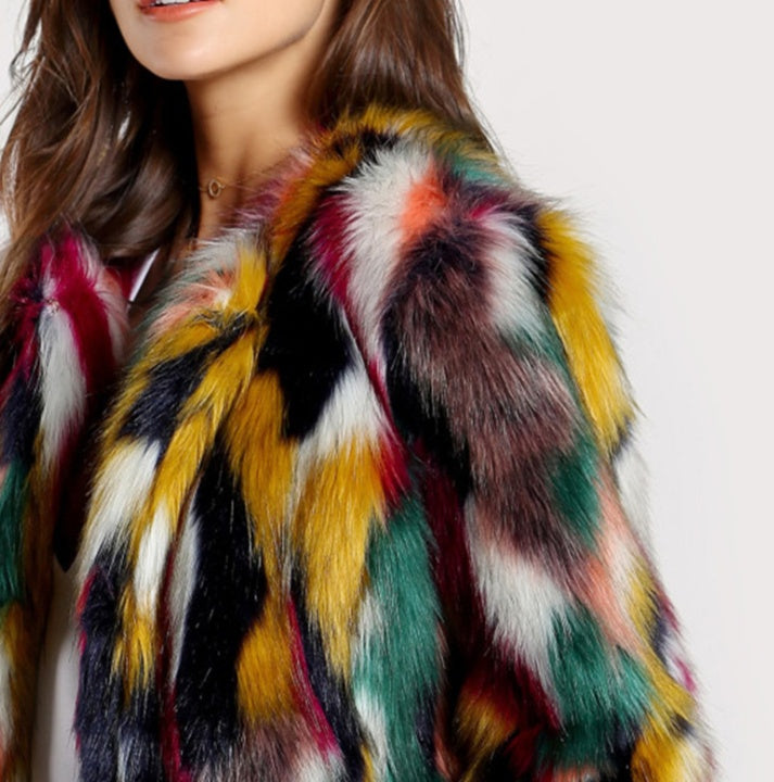 Colorful Faux Fur Coat - Long Sleeve, Elegant & Collarless