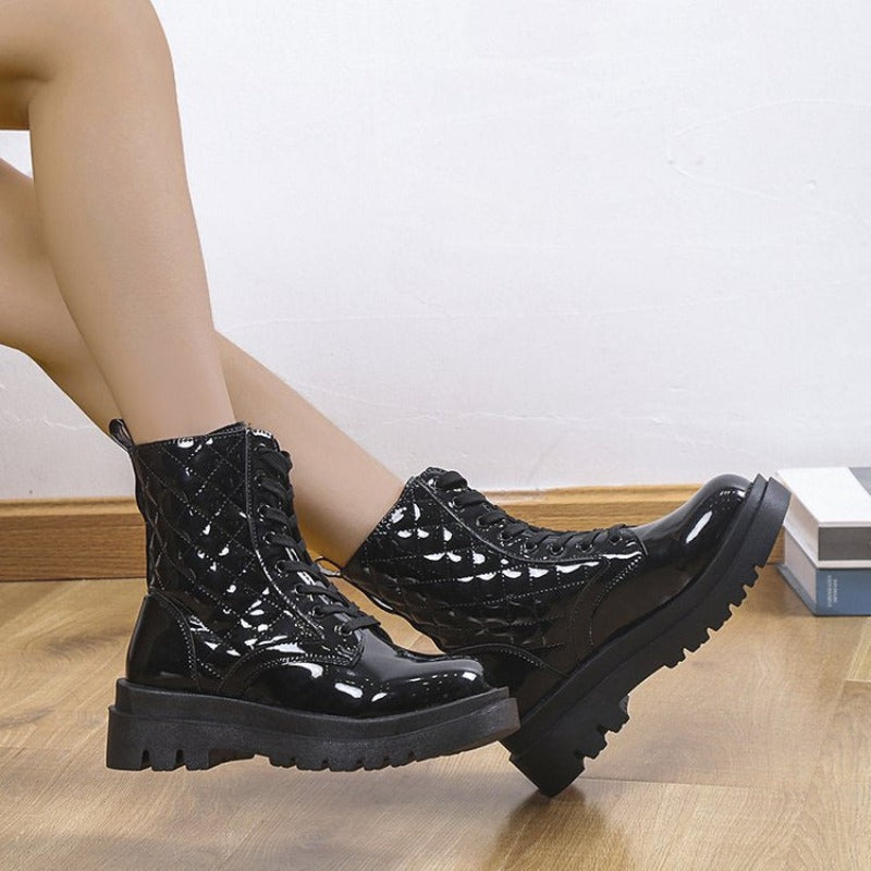 Chic Quilted Ankle Boots for Women: Winter Fashion Lace-Up Platform with Thick Heel - HalleBeauty