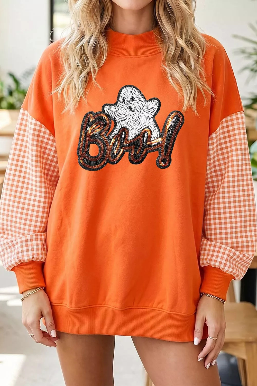 BOO Sequin Ghost Plaid Sleeve Sweatshirt | Hallebeauty
