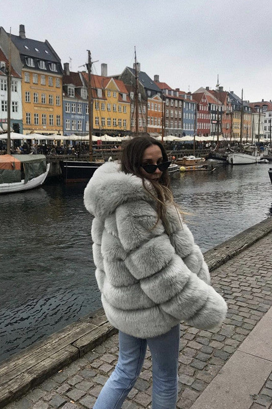 Hooded Faux Rabbit Fur Coat - Long Sleeve Winter Jacket