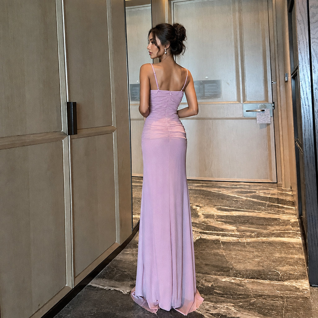 Pink Backless Slit Maxi Dress | Hallebeauty