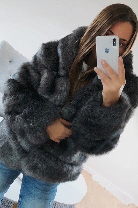 Hooded Faux Rabbit Fur Coat - Long Sleeve Winter Jacket