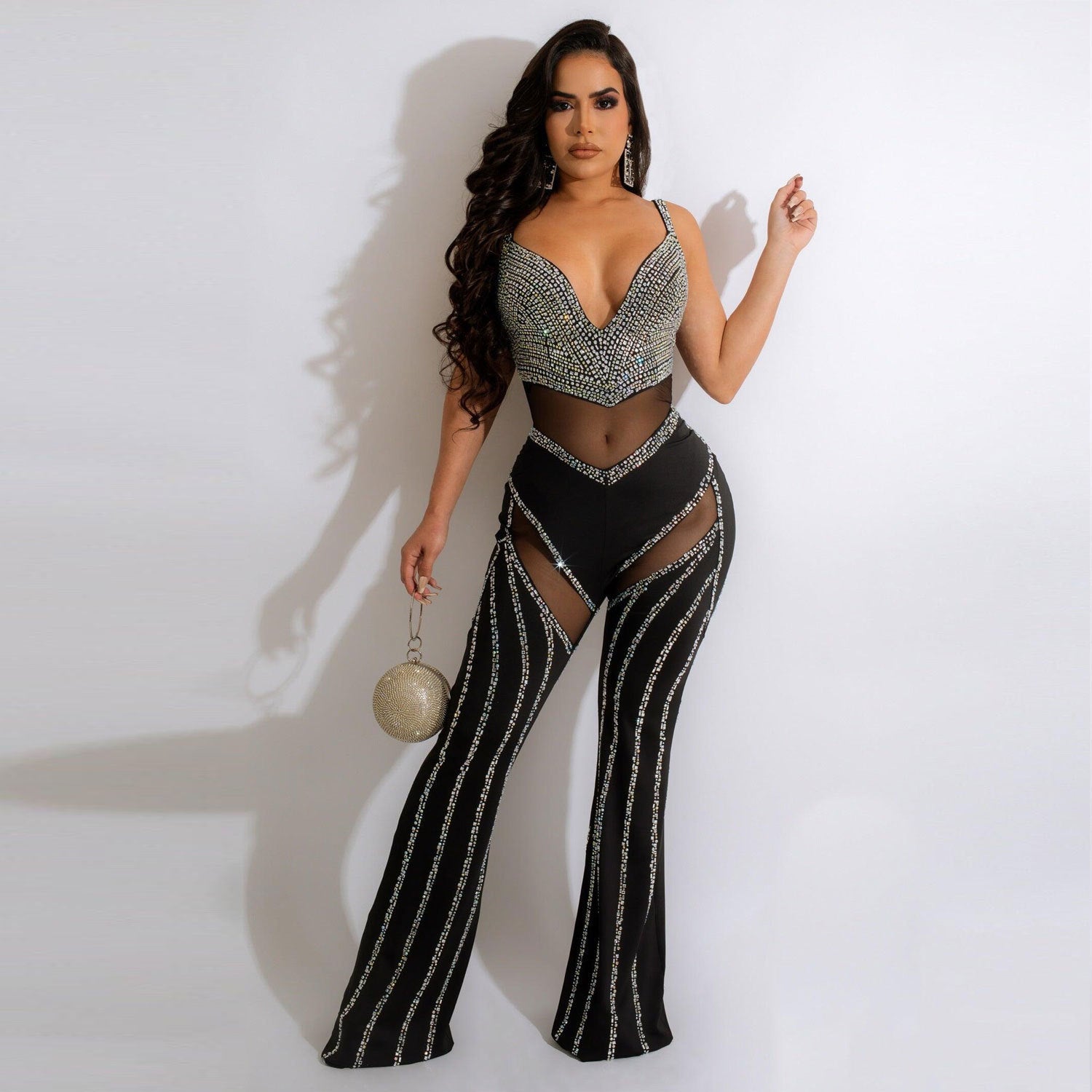 Women's Sheer Deep V Rhinestone Jumpsuit