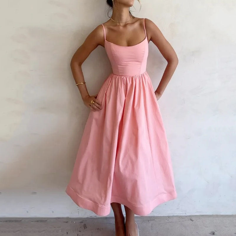 Women's Solid Color Suspender Dress - Fresh & Sweet Sexy Design Pink