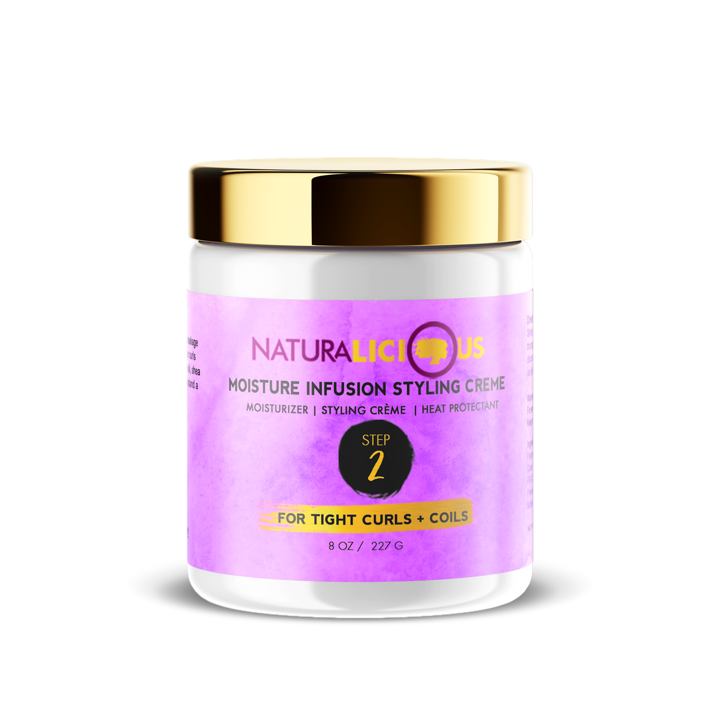 Natura Licious moisture infusion styling crème jar with gold lid on a white background