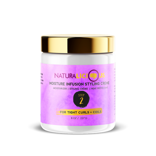 Natura Licious moisture infusion styling crème jar with gold lid on a white background