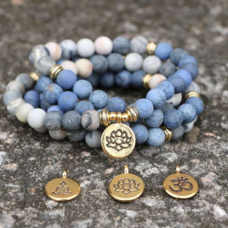 Tiger Eye Stone 108 Buddha Beads Necklace & Lotus Bracelet | Spiritual Set