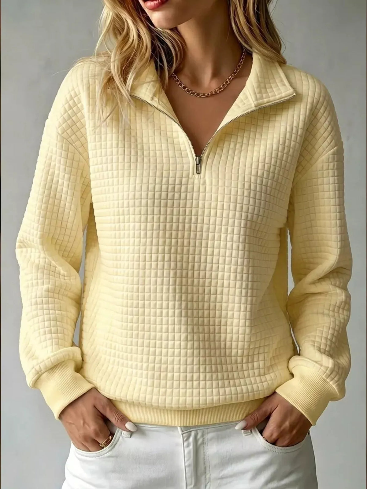 Waffle Knit Quarter-Zip Sweatshirt | Hallebeauty