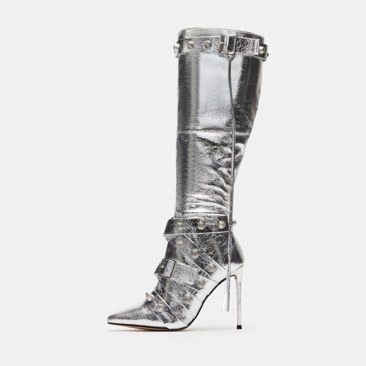 RivetRunway - Metallic Leather High-Leg Stiletto Boots