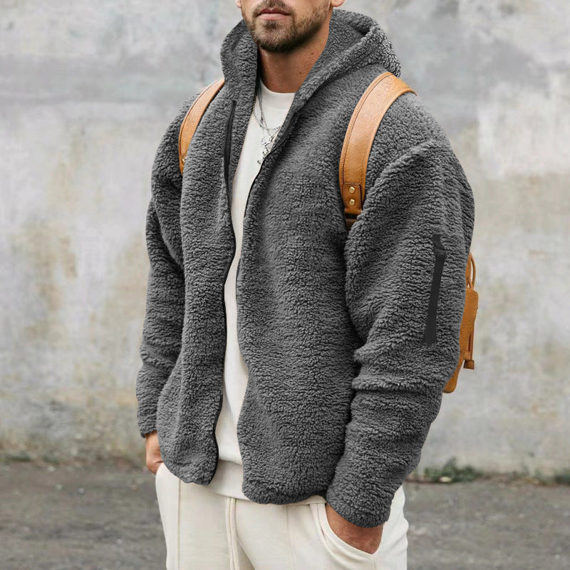 Men’s Plush Hooded Fleece Jacket - Double-Sided Wear Warm Casual Coat