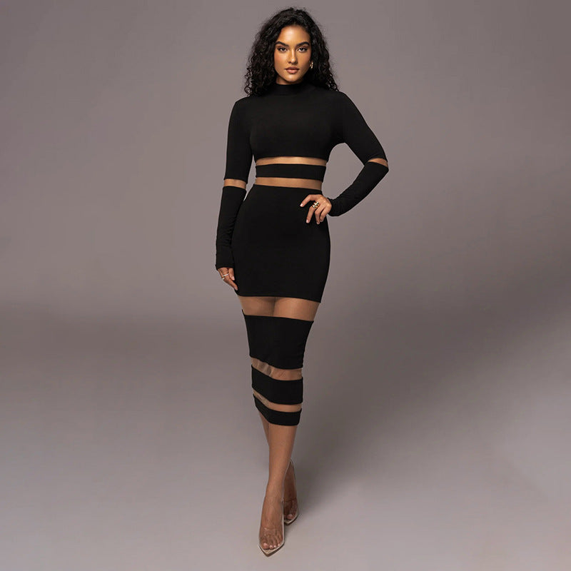 Mesh Patchwork Turtleneck Long Dress: High Waist Slim Fit - HalleBeauty