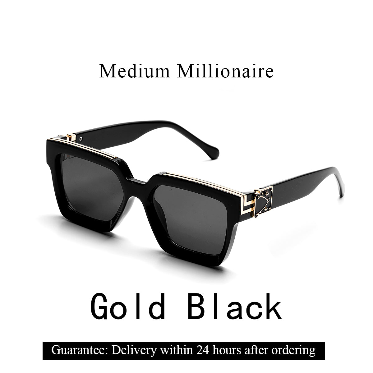 lack luxury sunglasses with gold accents on model