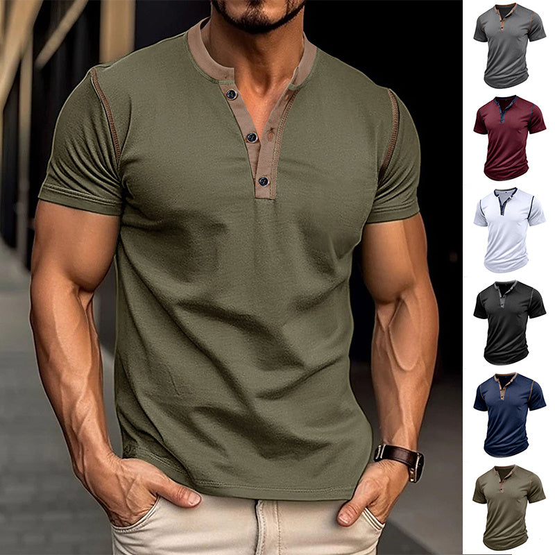 Short Sleeve Men's V-neck Polo - Summer Button T-shirt