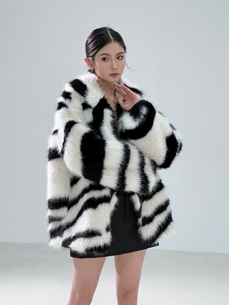 Women’s Zebra Print Green Fur Jacket - Short & Stylish