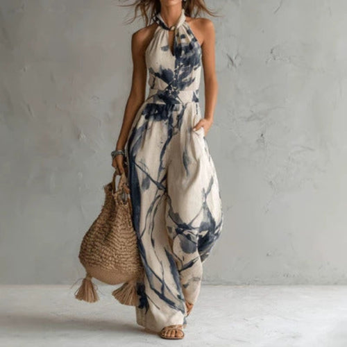 Apricot Ink Print Halter Wide Leg Jumpsuit | Hallebeauty
