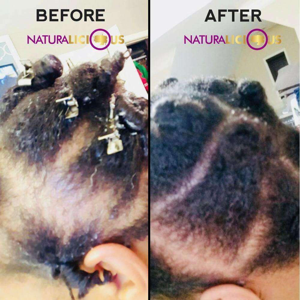 Before and after comparison of a dog's paw with Naturalicious product branding.
