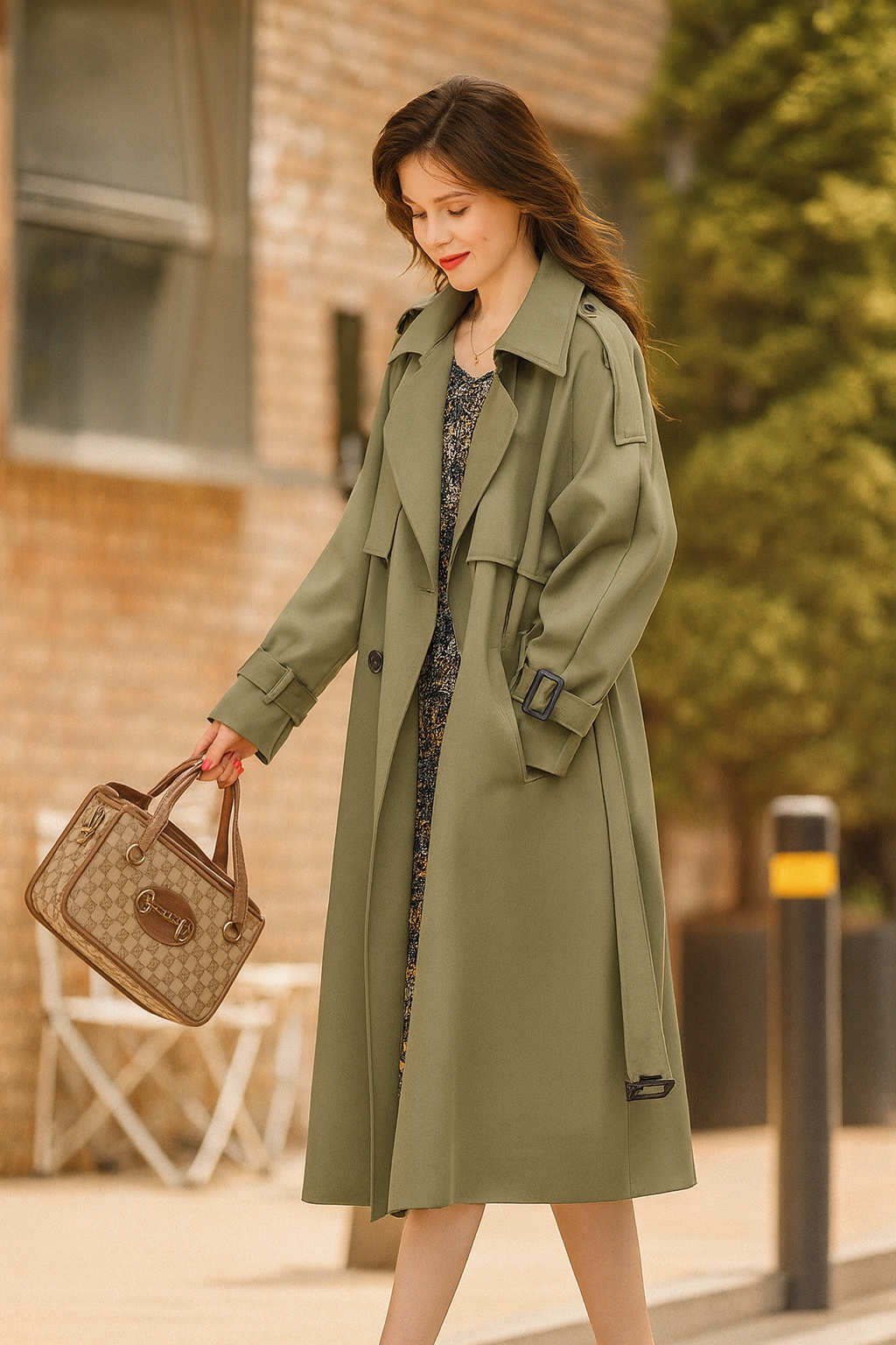 Woman in a green trench coat.
