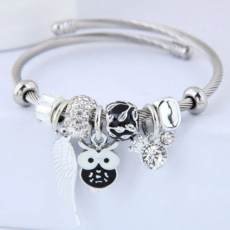 DIY Beaded Owl Angel Wings Pendant Bracelet | Stainless Steel Jewelry - HalleBeauty