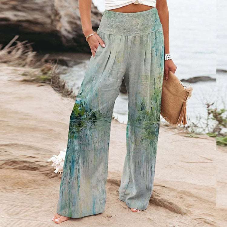 Elastic High Waist Wide Leg Pants - HalleBeauty