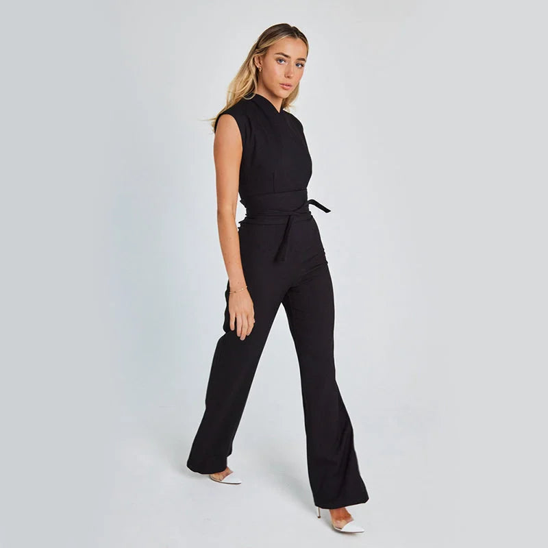 Sleeveless V-Neck Jumpsuit - Women’s Wide Leg Overalls - HalleBeauty