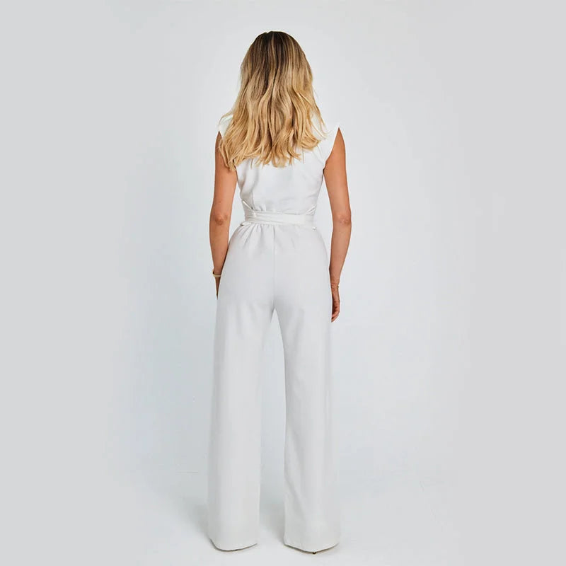 Sleeveless V-Neck Jumpsuit - Women’s Wide Leg Overalls - HalleBeauty