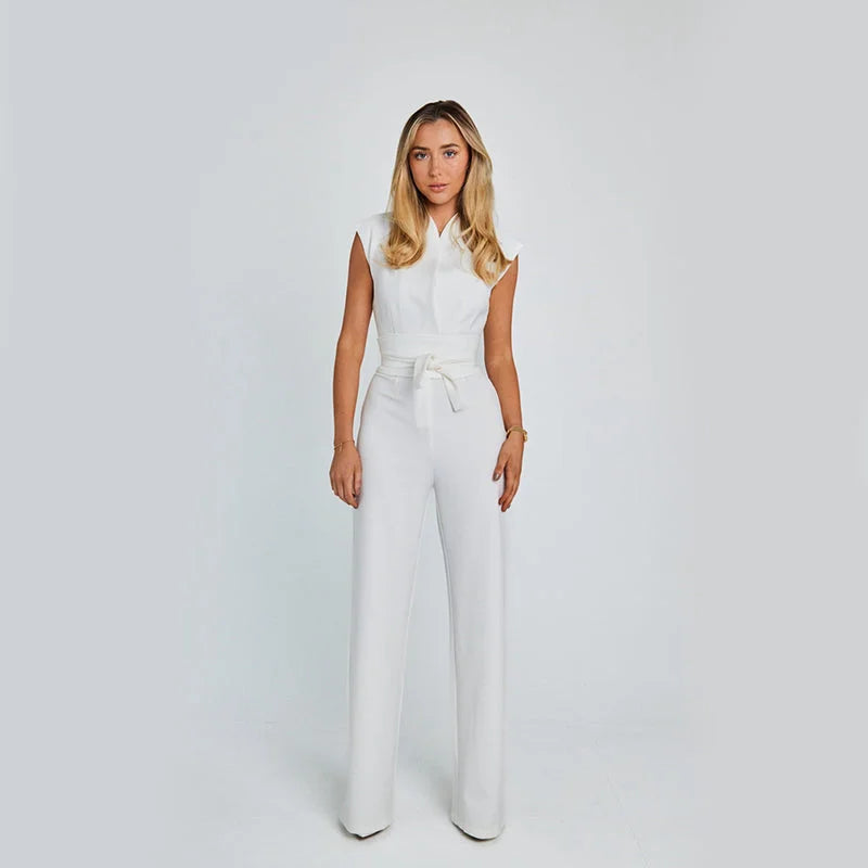 Sleeveless V-Neck Jumpsuit - Women’s Wide Leg Overalls - HalleBeauty