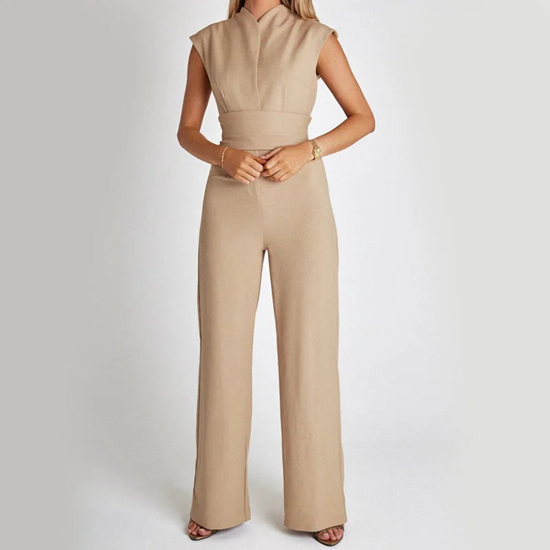 Sleeveless V-Neck Jumpsuit - Women’s Wide Leg Overalls - HalleBeauty