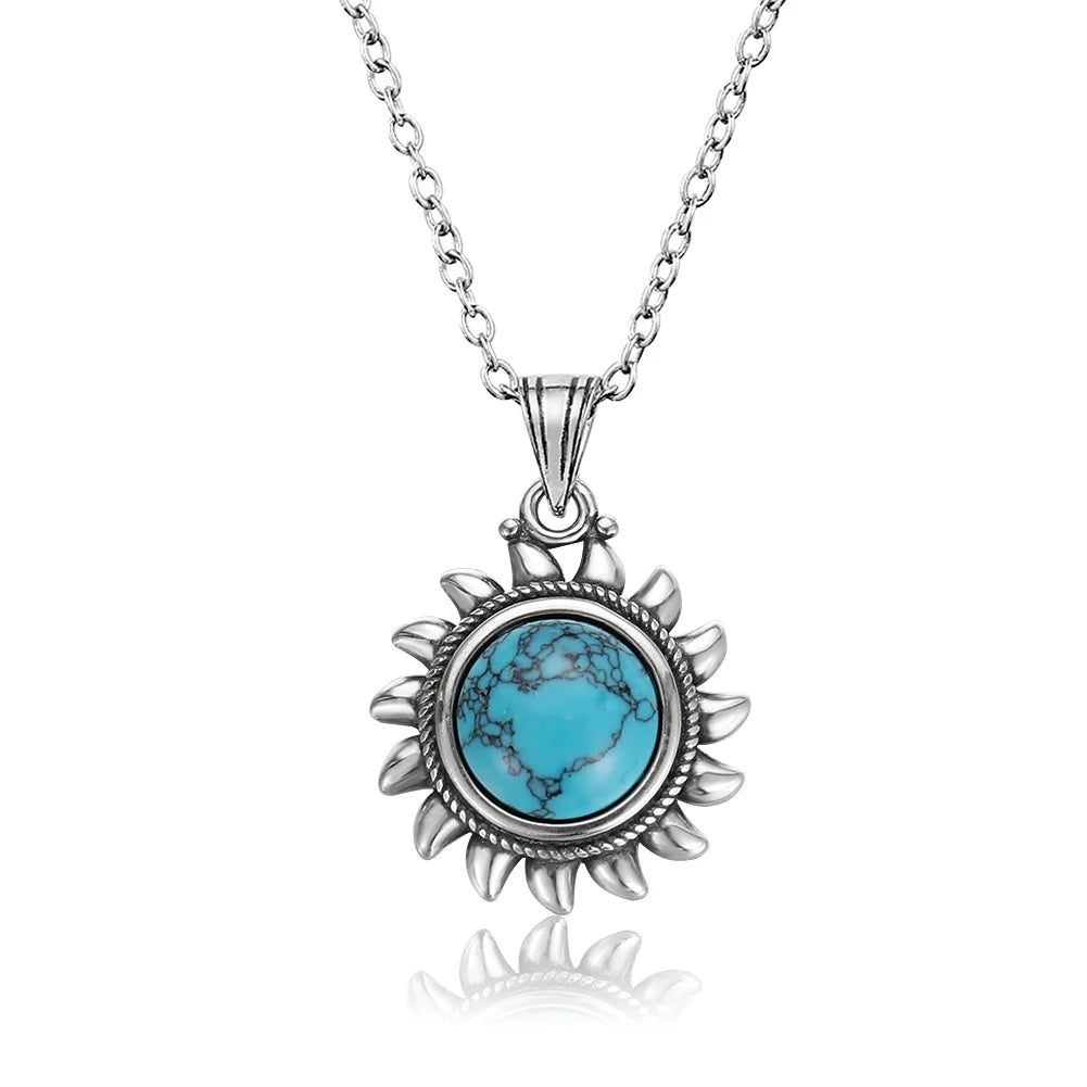 Natural Turquoise 925 Silver Pendant Necklace - Sun & Geometric Vintage Style