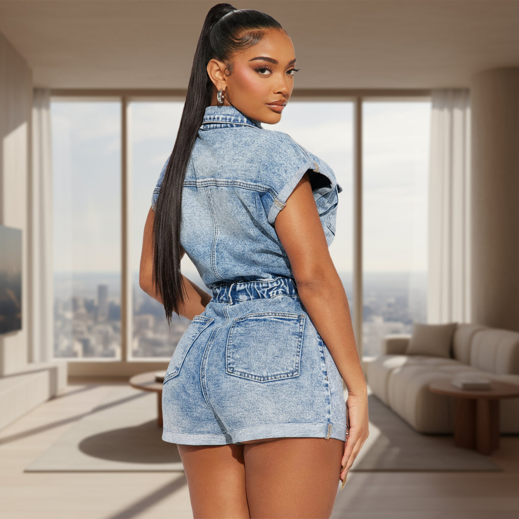 High Elastic Denim Jumpsuit Romper Short Sleeve