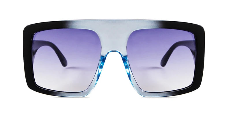 Sunglasses with a black frame and gradient purple lenses.