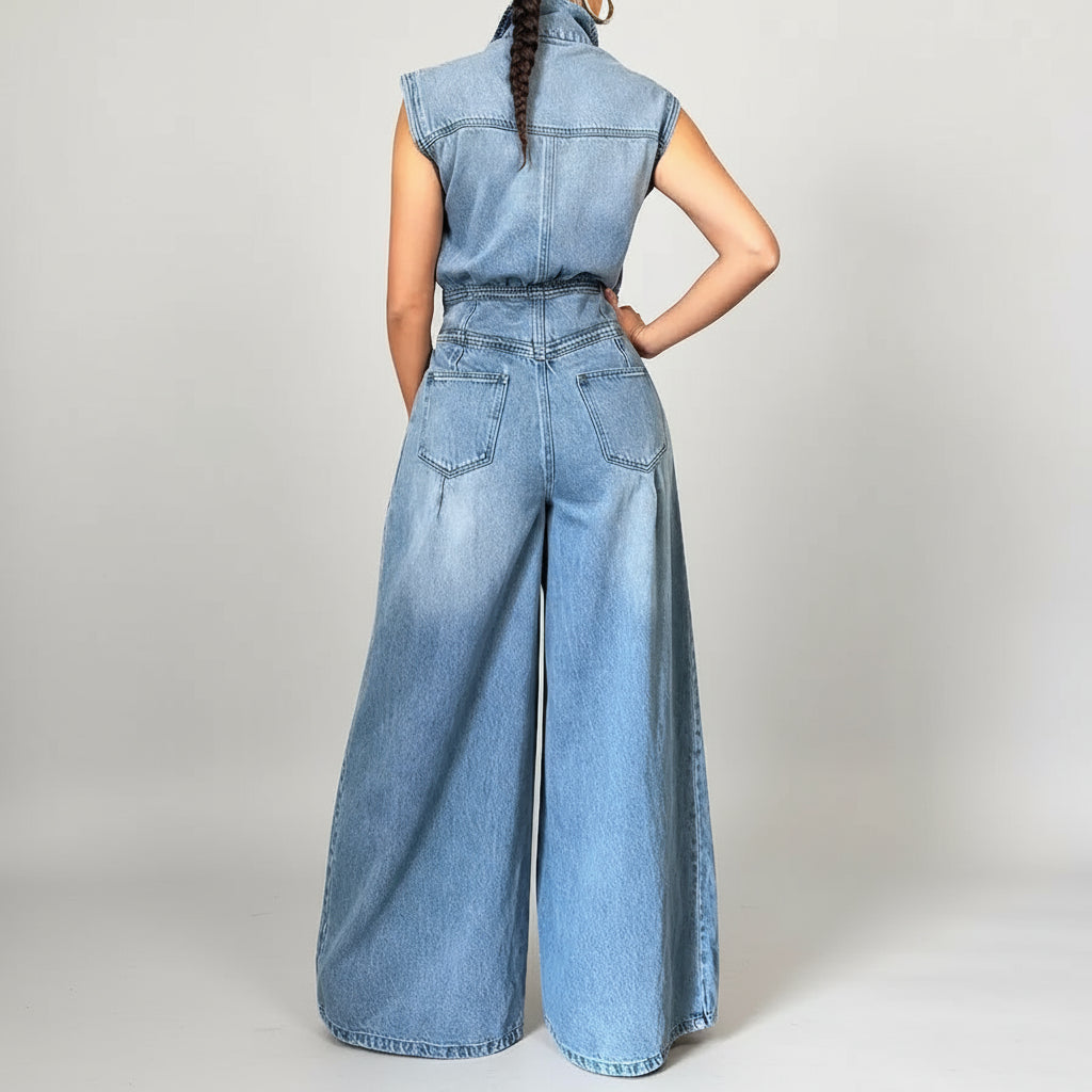 Women's casual denim jumpsuit styled with accessories