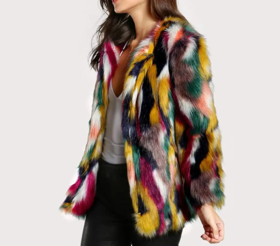 Multi-Color Faux Fur Coat - Women's Winter Jacket