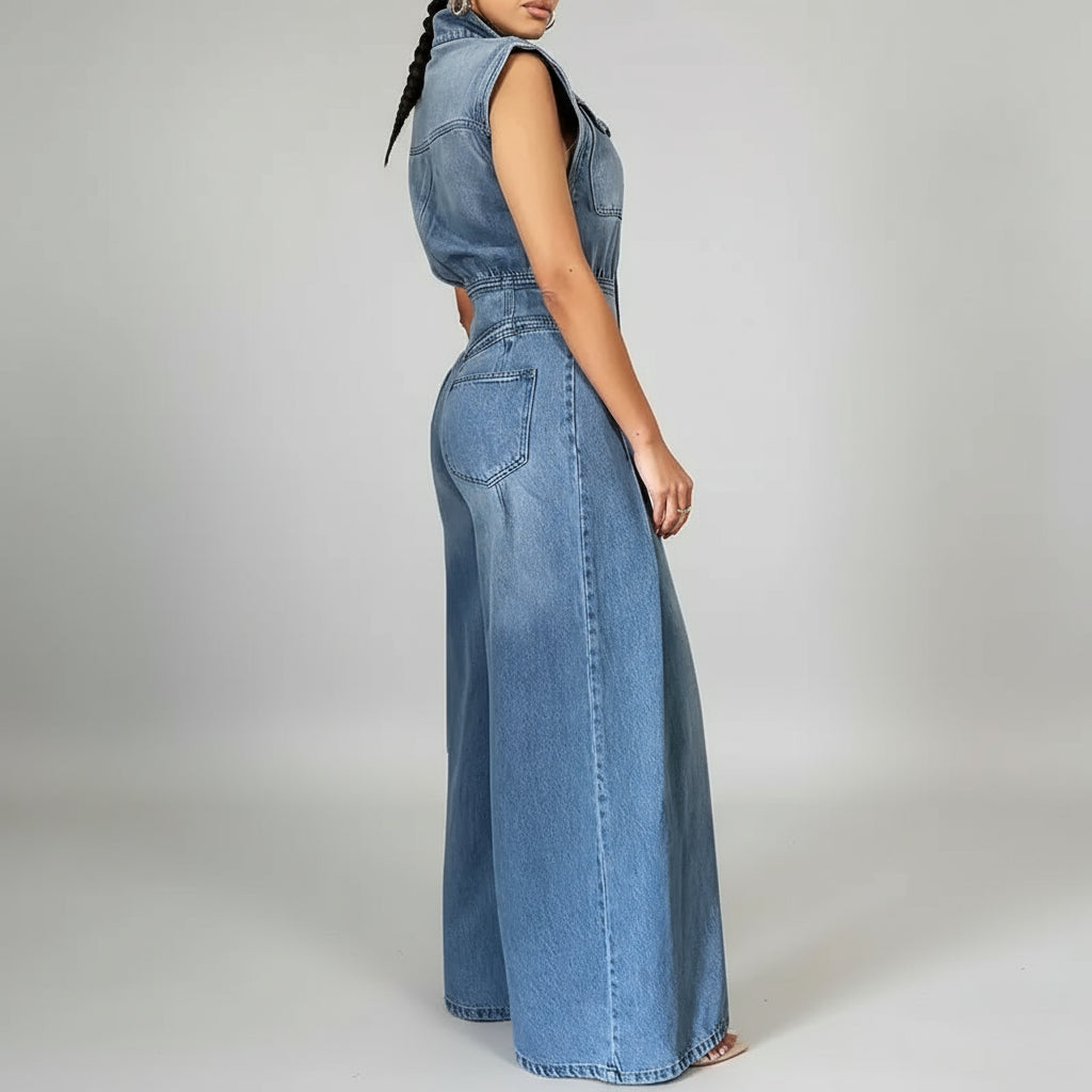 Sleeveless denim wide leg jumpsuit full length product photo