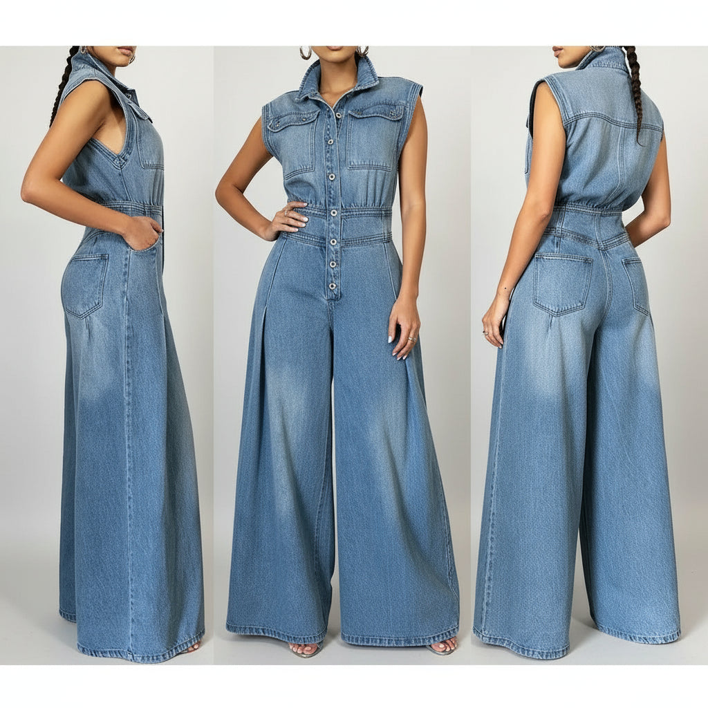 Denim jumpsuit detail showing wide leg silhouette and sleeveless design