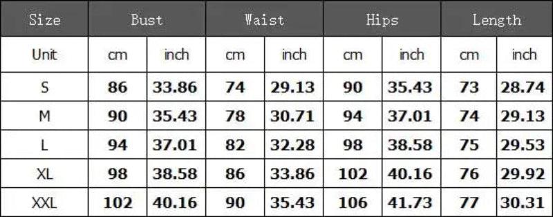Table displaying clothing size chart with measurements in centimeters and inches.