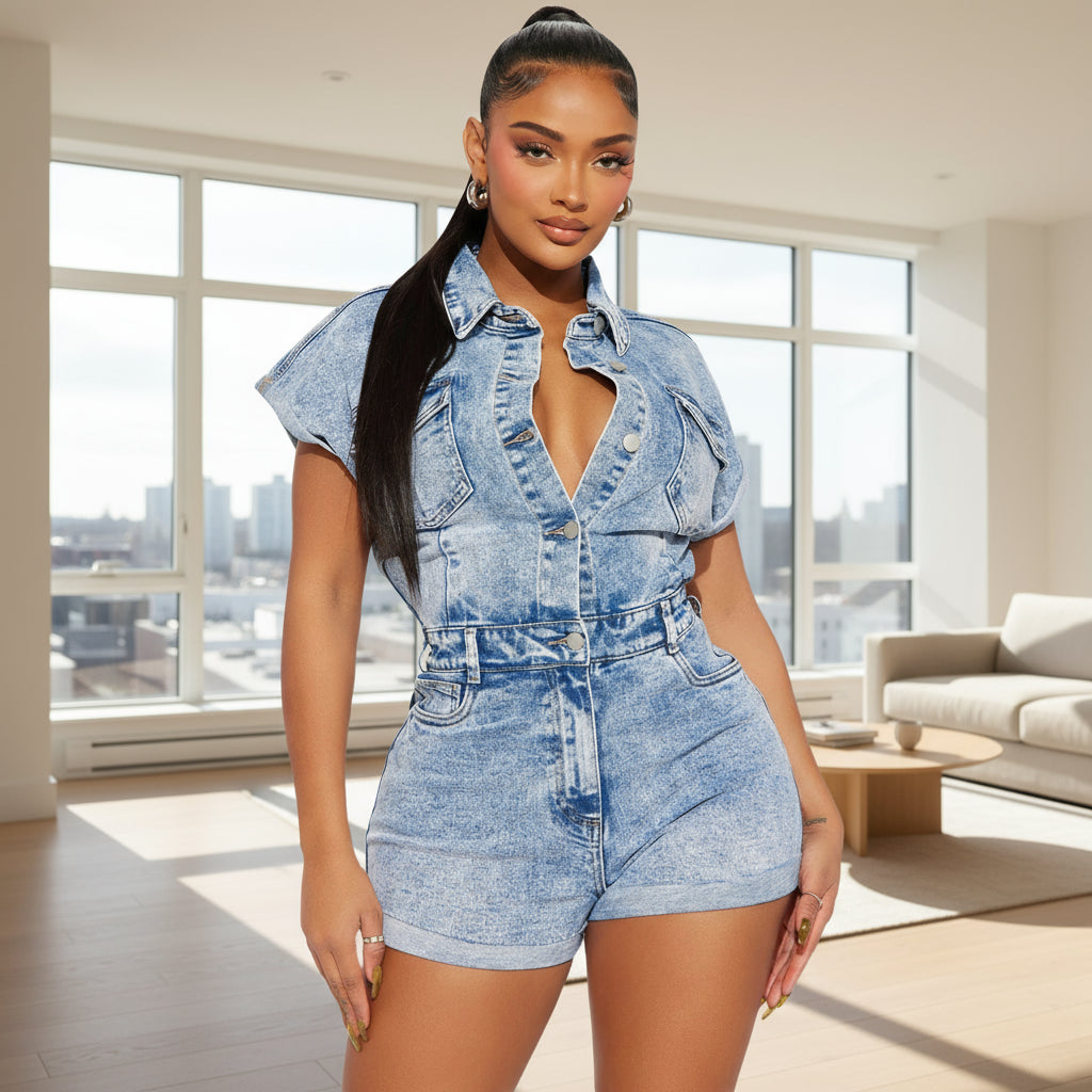 Woman wearing a denim romper 