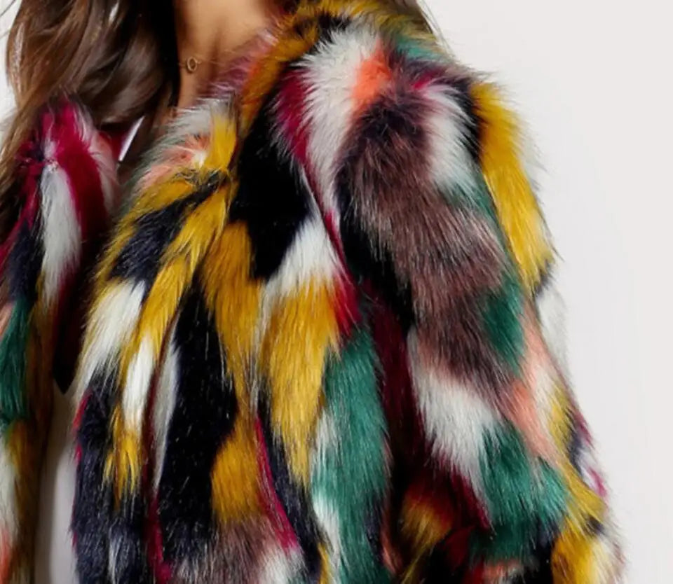Multi-Color Faux Fur Coat - Women's Winter Jacket