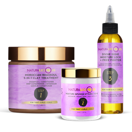 Set of hair care products from NaturaLicious on a white background