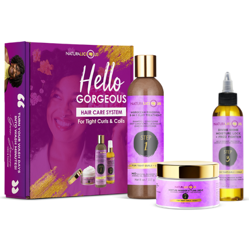 Hair care product set with 'Hello Gorgeous' packaging on a white background