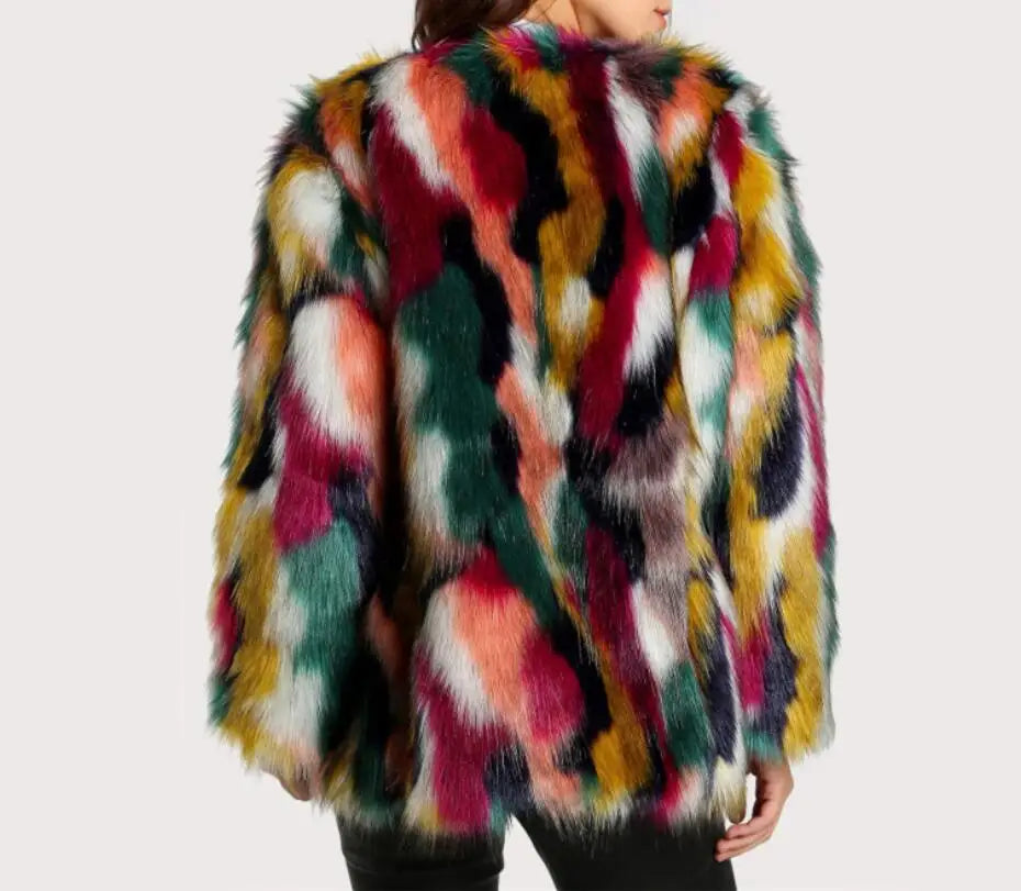 Multi-Color Faux Fur Coat - Women's Winter Jacket