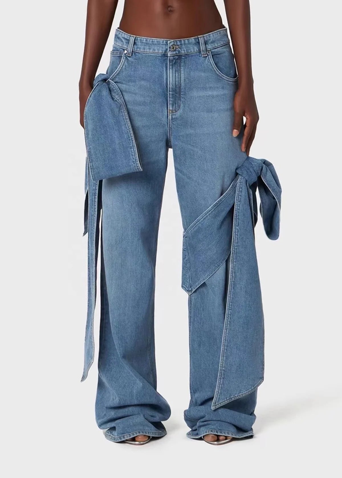 Blue denim pants with ruched sides